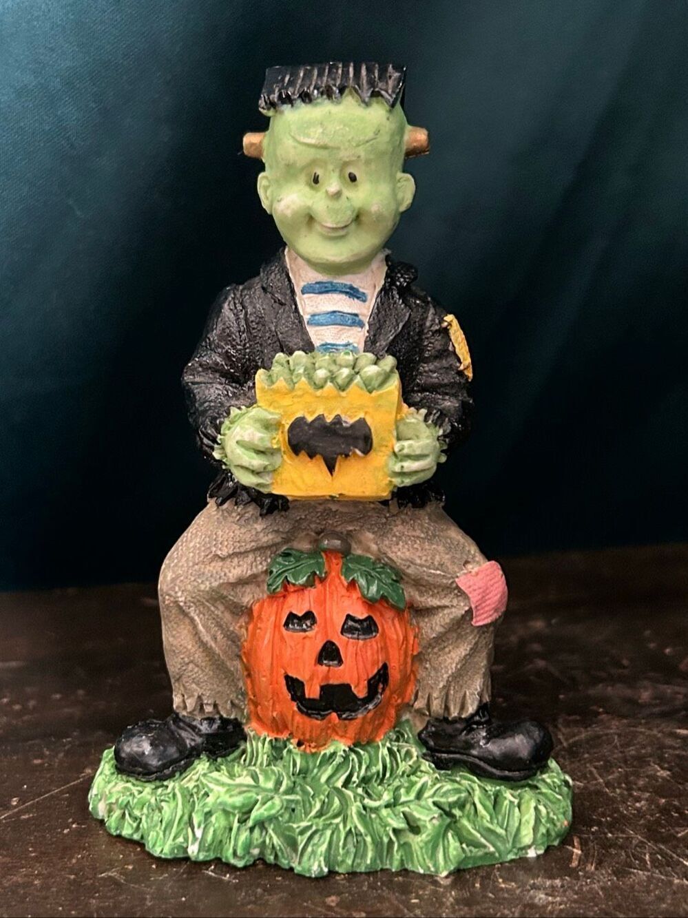 90’s Cute Halloween Frankenstein’s Monster Figurine Sitting on a Jack o’Lantern